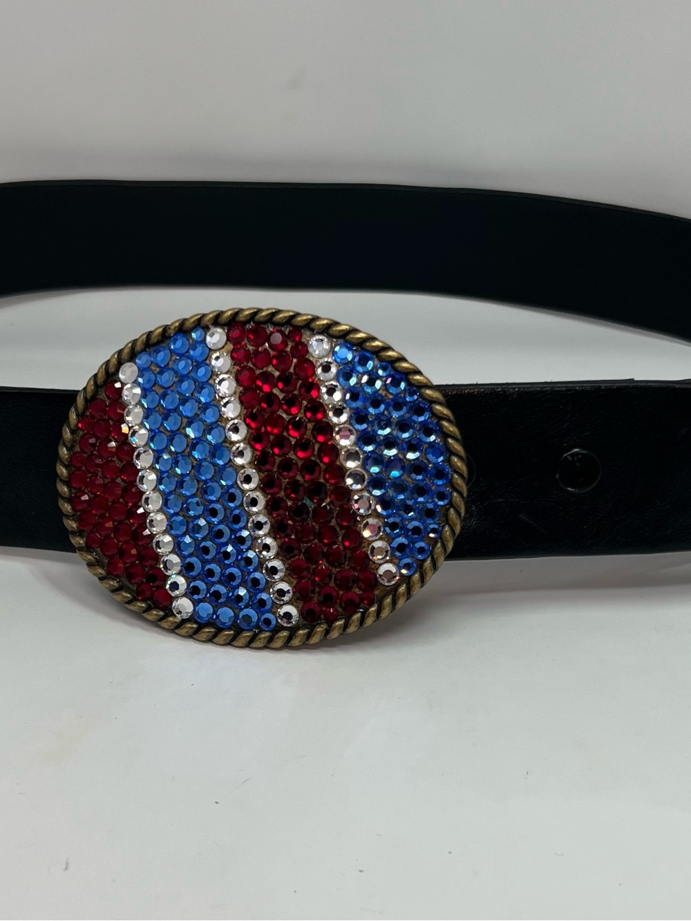 Joomi Joolz Belt Buckle & Belt Red White Blue Rhinestones Patriotic Made In USA